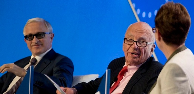 News Corp Chairman Rupert Murdoch joined Alexander Shokhin, President of the Russian Union of Industrialists and Entrepreneurs, and Business Council of Australia President Catherine Livingstone at the B20 summit this week. Jason Reed/AAP/Reuters