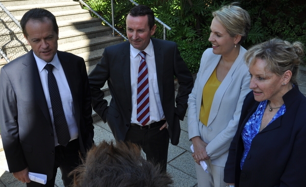 Federal Opposition Leader Bill Shorten, WA Labor leader Mark McGowan, Federal Deputy Leader Tanya Plibersek and Federal Labor MP Alannah MacTiernan in Perth this week. Joe Bullock is conspicuously absent. AAP/Tim Clarke 