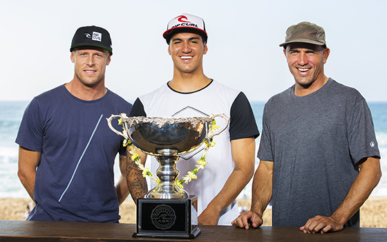 World Title contenders Gabriel Medina (BRA), Mick Fanning (AUS) and Kelly Slater (USA) will battle to become ASP World Champion. Image: ASP / Kirstin Scholtz