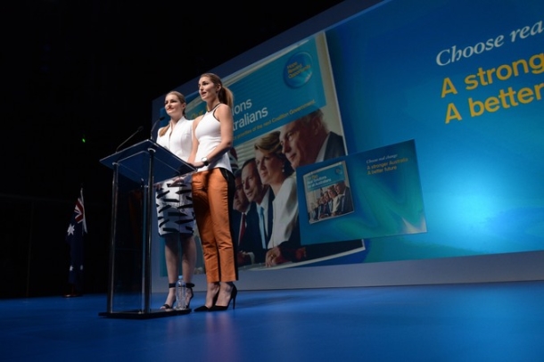 Bridget and Frances Abbott bring some women power, introducing their Dad at his campaign launch. AAP/Alan Porritt
