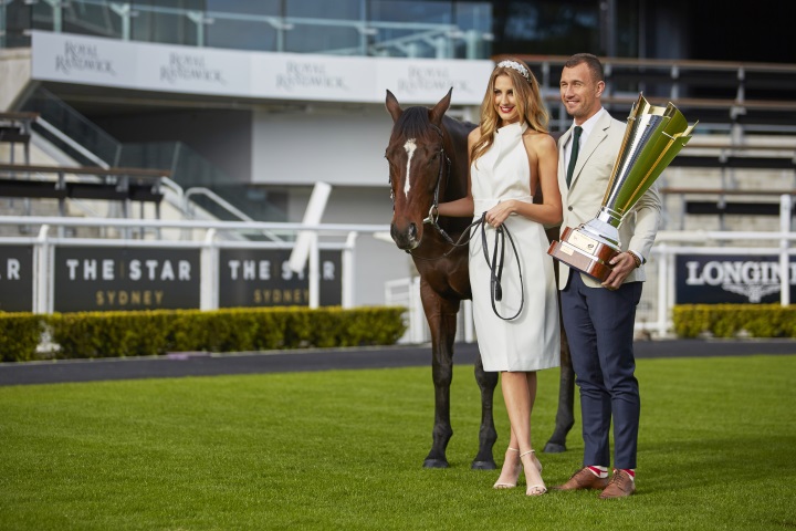 Qantas Wallaby, Quade Cooper and his partner, Laura Dundovic at Royal Randwick ahead of the Bledisloe Cup Festival Race Day